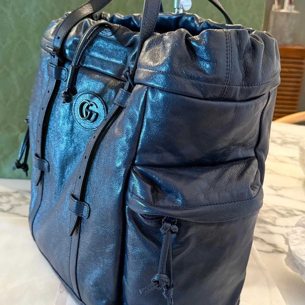 Gucci Blue Leather Drawstring Tote Bag With Tonal Double G Logo NWT